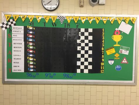 Attendance race track bulletin board. Elementary Attendance Bulletin Boards, Racecar Bulletin Board Ideas, Race Track Bulletin Board Ideas, Progress Tracking Bulletin Board, Goal Tracking Bulletin Board, Racing Bulletin Board Ideas, Track Bulletin Board, Mario Kart Bulletin Board, Race Car Bulletin Board