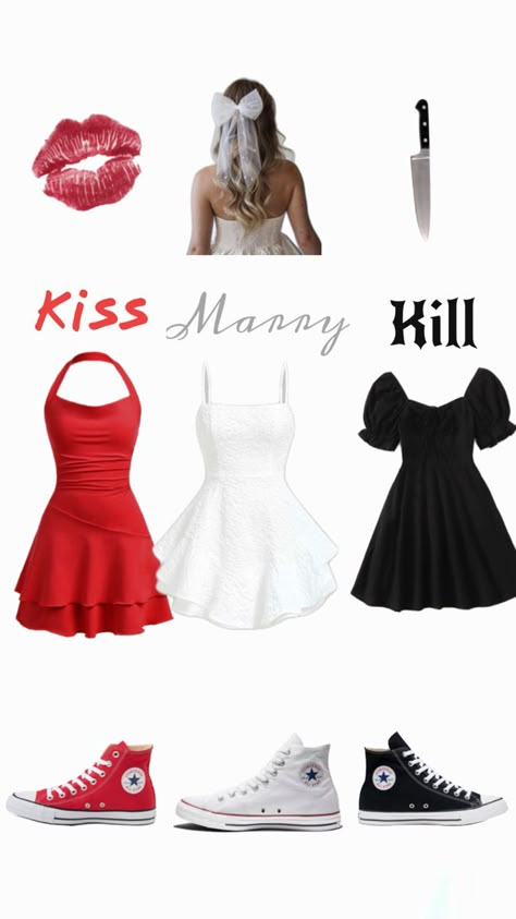 Matching Outfits For Halloween, Matching Halloween Outfits Best Friend, Kill Marry Kiss Costume, Halloween Bff Costumes For 2, Kiss Mary Kill Costume Trio, Costume Halloween Bff, Mini Skirt Halloween Costume, Diy Halloween Outfits, Matching Outfits Halloween