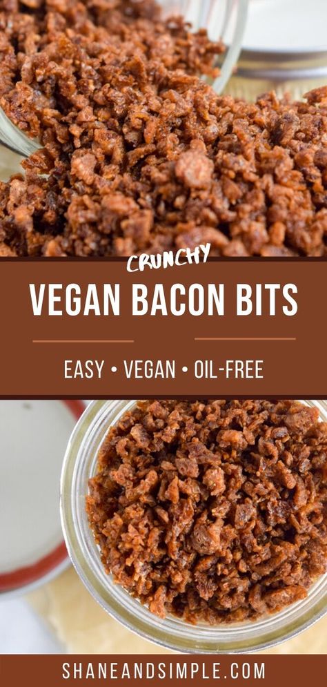 Easy Vegan Bacon Bits. Crunchy, smoky, salty, and made without oil. The perfect topping for salads, baked potatoes, or simply eat by the handful. #easyrecipes #healthyrecipes #VeganRecipes #withoutoil Soy Curl Bacon, Bacon Bits Recipes, Tvp Recipes, Vegan Autumn, Vegetarian Bacon, Vegan Bacon Bits, Soy Curls, Vegan Meat, Wfpb Recipes