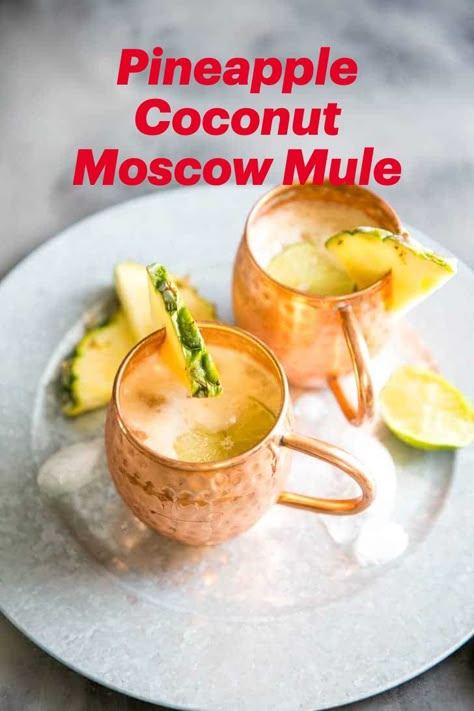 Sweet and tart are how I’d describe this Pina Colada Moscow Mule! This fruity drink is lively yet refreshing, and it is absolutely delicious! Hawaiian Mule Recipe, Coconut Moscow Mule Recipe, Pineapple Mule Drink Recipes, Pineapple Moscow Mule Recipe, Coconut Pineapple Mule, Tropical Mule Recipe, Mango Moscow Mule, Mule Drink Recipes, Pineapple Moscow Mule