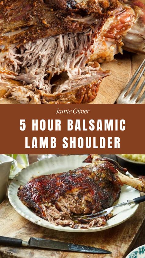 Jamie Oliver’s 5 Hour Balsamic Lamb Shoulder Lamb Shoulder Roast Recipes, Lamb Shoulder Recipes, Beef Main Course, Lamb Roast Recipe, Lamb Shoulder Roast, Xmas Recipes, Red Meat Recipes, Lamb Shoulder, Slow Cooked Lamb