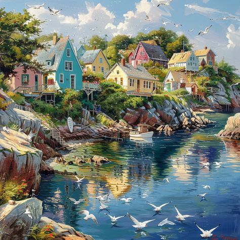 Quaint Coastal Village: A #picturesque #coastal #village basks in the #sunlight, as #seagulls dance over the #serene waters. #coastal #village #seagulls #sunlight #colorful #aiart #aiphoto #stockcake ⬇️ Download and 📝 Prompt 👉 https://stockcake.com/i/quaint-coastal-village_594891_784199 Coastal Village, Doc Martin, Sun And Water, Music City, Free Stock Photos, High Quality Images, Digital Marketing, Stock Photos, Water