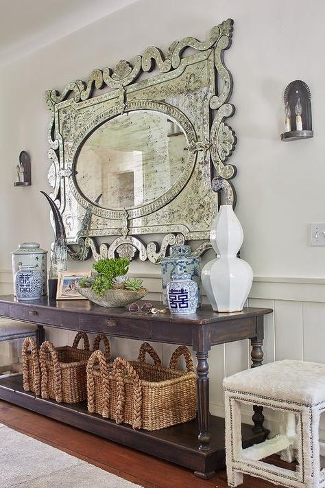 Venetian Mirror with Distressed Console Table - Cottage - Entrance/foyer Mirror Console Table Decor, Venetian Mirror Living Room, Distressed Console Table, Mirror Console Table, Venetian Mirror, Console Table Design, Console Table Decorating, Antique Mirror Wall, Living Room Decor Inspiration