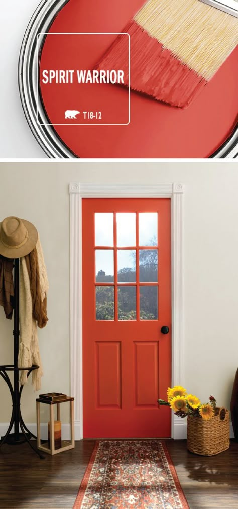 Add a bright pop of color to the interior design of your home with the help of Spirit Warrior by BEHR Paint. This vivid red shade acts as a modern accent color on a painted front door. This hue can be paired with a variety of home decor styles, including farmhouse, rustic, vintage, and traditional. Click here for inspiration. #TraditionalDecor Spirit Warrior, Farmhouse Paint Colors, Bright Pop, Farmhouse Paint, Behr Paint, Red Door, Farmhouse Rustic, Paint Colors For Home, Room Colors