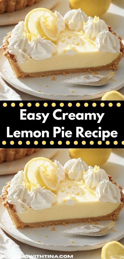 "Looking for a delightful dessert? This Creamy Lemon Pie recipe combines zesty flavor with a smooth, creamy texture, making it a perfect treat for family gatherings or summer picnics. Lemon Cream Pie Recipe, Lemon Baked Goods, Creamy Lemon Pie, Easy Lemon Pie, Lemon Pie Recipe, Lemon Cream Pies, Citrus Desserts, Cream Cheese Pie, Pie Filling Recipes