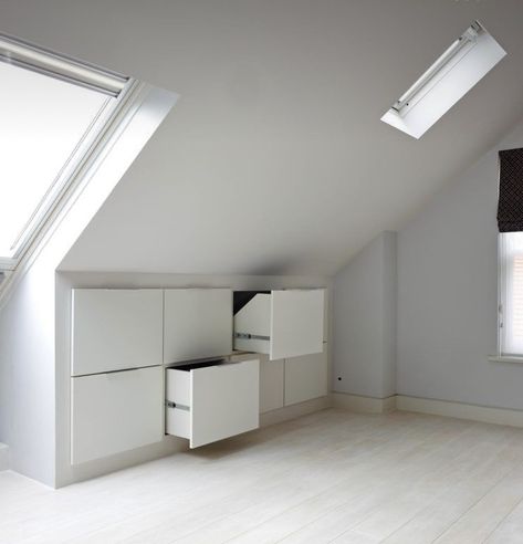 Loft Conversion Bedroom, Attic Bedroom Storage, Eaves Storage, Slanted Walls, Attic Bedroom Designs, Attic Loft, Loft Storage, Attic Bathroom, Attic Apartment