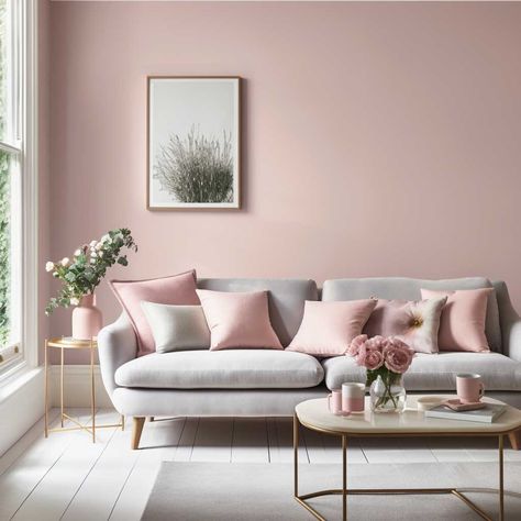 Pink Wall Grey Floor, Dusty Rose Living Room Walls, Pink And Gray Walls, Dusty Pink Living Room Walls, Pink Grey And White Living Room, House Paint Interior Living Room, Pink Lounge Ideas Living Rooms, Pink And Grey Living Room Ideas, Dusky Pink Living Room