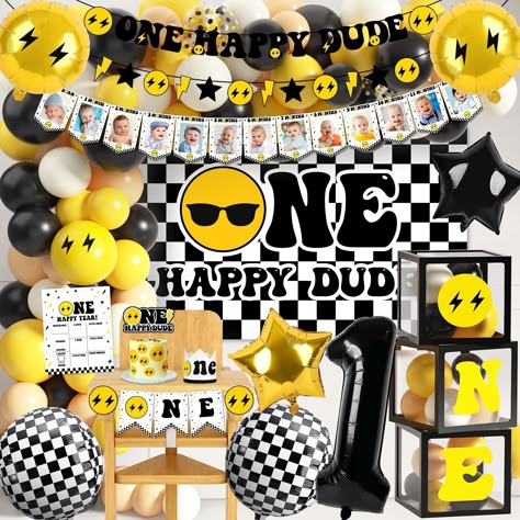 PRICES MAY VARY. One Happy Dude Birthday Party Pack: including 1 felt happy dude banner, 1 felt decor garland, 1 "one" birthday crown hat, 1 cake topper, 1 high chair banner, 1 backdrop, 1 photo banner, 1 milestone poster, 3 party balloon blocks, 1 number 1 foil balloon, 2 star shaped foil balloons, 2 yellow foil balloons, 2 checker foil balloons, 60 latex balloons, 78 pieces in total. Premium Quality: One happy party banner, garland, birthday crown, high chair banner, cake topper are all made o One Happy Dude Birthday Party, Dude Birthday Party, One Happy Dude Birthday, Balloon Boxes, One Happy Dude, 1st Birthday Party Decorations, High Chair Banner, 1st Birthday Party, First Birthday Party