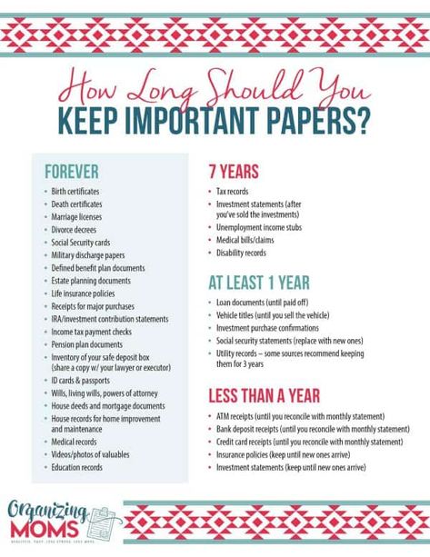 Free printable cheat sheet to help you figure out which important records you need to keep and for how long. Home Filing System, Filing Cabinet Organization, Family Emergency Binder, Paper Clutter Organization, Estate Planning Checklist, Emergency Binder, Home Binder, Organizing Paperwork, Life Binder