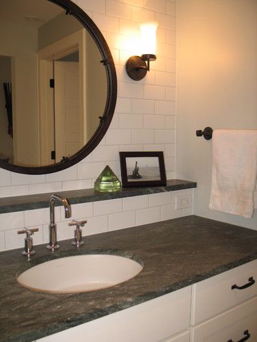 I like the ledge behind the sink Bathroom With Ledge Under Mirror, Bathroom Vanity With Ledge, Ledge Behind Vanity, Bathroom Ideas Navy Blue, Bathroom Ideas Navy, Bathroom Storage Design, Bathroom Ledge, Blue Small Bathrooms, Tiled Wall