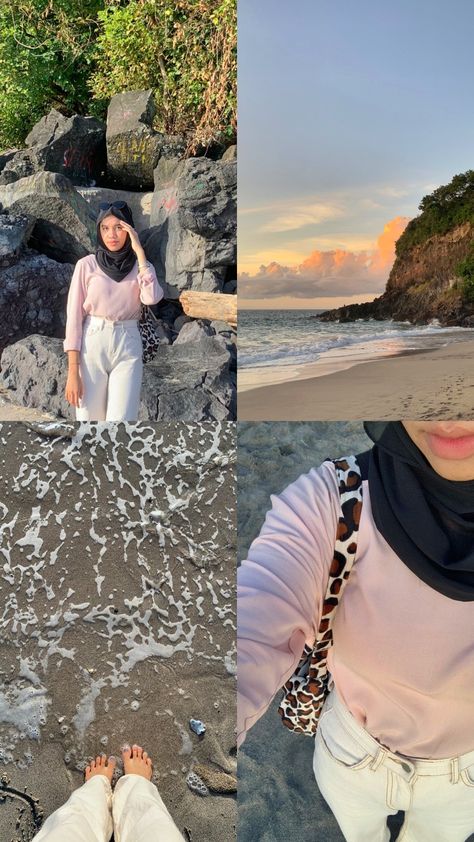 Pose Foto Di Pantai Hijab, Kuliah Outfit, Outfit Hijab Ideas, Beach Outfit Casual, Ootd Poses, Ootd Hijab Casual, Model Pose, Everyday Fashion Outfits, Outfit Hijab