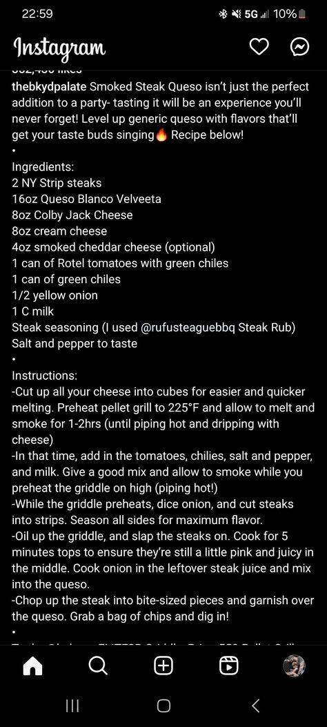 Smoked Steak Queso Dip, Smoked Queso With Steak Bites, Smoked Steak Queso, Smoked Queso Dip With Steak Bites, Steak Queso Dip, Traeger Ideas, Smoked Steak, Queso Recipes, Smoked Queso Dip