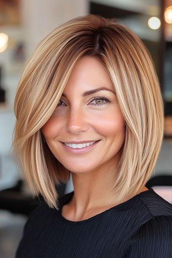 Save this pin for the best fall hair color ideas. A chic long bob (lob) in a warm honey-blonde hue creates a golden glow that's ideal for the fall season. A deep side part adds volume and adds to the sleek style. Golden Blonde Lob Hair, Blonde For Fall Hair Colors, Straight Short Hair With Highlights, Honey Blonde Bob Hair, Blonde Bob Hairstyles Fine Hair Over 40, Honey Blonde And Caramel Highlights, Hair Color For Green Eyes And Light Skin, Long Bob With Money Piece, Fall Bobs 2024