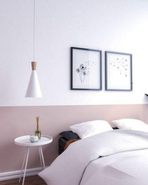 Bedroom Two Tone Walls, Split Painted Walls Bedrooms, Cool Tone Wall Paint, Two Tone Pink Wall, Pink And White Bedroom Walls, 2 Tone Bedroom Paint Ideas, Two Tone Painted Walls Bedroom, Two Tone White Walls, Hallway Two Tone Paint Ideas