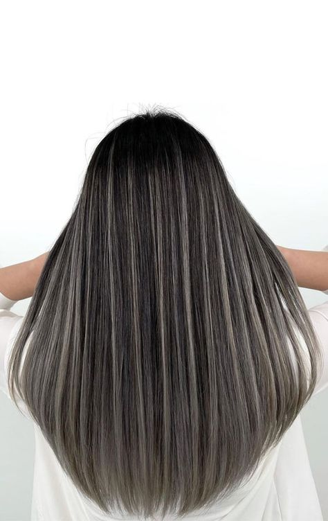 Spring Hair Color Ideas & Styles for 2021, Silver beige airtough balayage, silver hair colors, silver highlights dark hair colors, hair trend