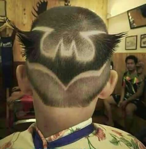 Batman Haircut, Hair Tattoo Designs, Haircut Designs For Men, Tattoo Hair, Funny Hair, Shaved Hair Designs, Hair Tattoo, Bad Haircut, Boy Haircuts