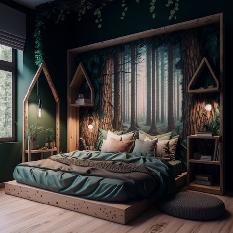 Forest Inspired Bedroom, Dark Bedroom Design, Lush Wallpaper, Woodsy Bedroom, Forest Bedroom Ideas, Dark Cozy Bedroom Ideas, Bedroom Ideas Wall, Forest Green Bedrooms, Enchanted Forest Bedroom