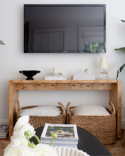 Tv Console With Ottomans Underneath, Mounted Tv In Small Living Room, Bedroom And Tv Ideas, Sofa Table As Tv Console, Tv Stand Decor Living Room Minimalist, Coffee Table As Tv Stand, Coffee Table Under Mounted Tv, Tv Mounted Over Floating Shelf, Mounted Tv Media Console