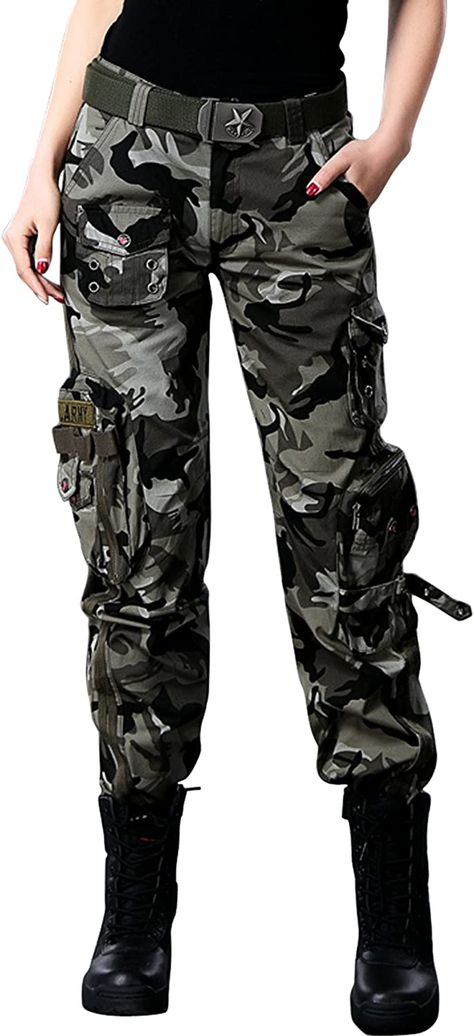 chouyatou Women's Active Loose Fit Military Multi-Pockets Wild Cargo Pants (X-Small, Camouflage) at Amazon Women’s Clothing store Combat Pants, Military Looks, Painted Denim Jacket, Military Pants, Aesthetic Grunge Outfit, Leather Pants Women, Painted Denim, Womens Pants, Velvet Pants