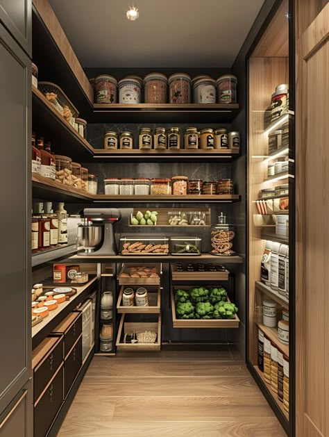 Kitchen Interior Pantry, Walk-in Pantry Design, Pantry Shelving Design, Modern Pantry Design Walk In, Pantry Cabinet Design, Pantry Aesthetic, Walk In Pantry Ideas Layout, Organised Pantry, Pantry Closet Organization