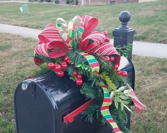 Mailbox Swag | Etsy Green And Red Christmas Decor, Mailbox Swag Christmas, Outdoor Christmas Lanterns, Christmas Mailbox Swag, Christmas Mailbox Decorations, Mailbox Swags, Mailbox Swag, Green And Red Christmas, Christmas Mailbox