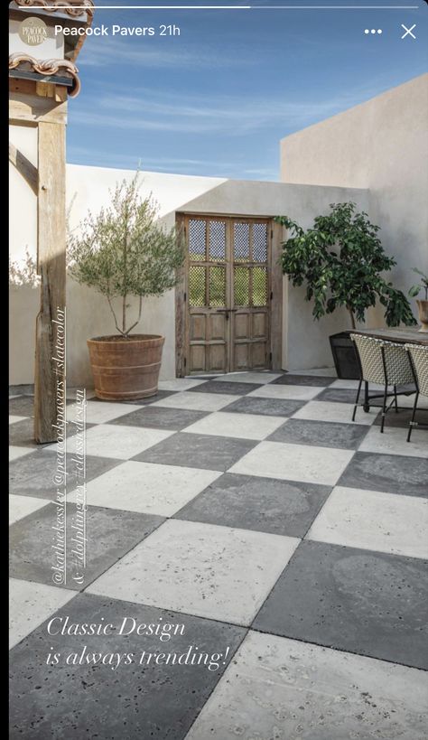 Black And White Tile Outdoor Patio, Pavers And Stones Patio, Diy Porch Floor Ideas, Cement Paver Patio Ideas, Black And White Pavers Patio, Checkerboard Concrete Patio, Checkered Walkway, Checkered Paver Patio, Tiled Patio Over Concrete