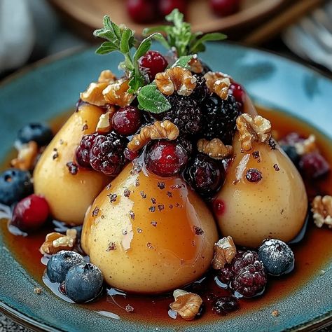 Roasted Pears With Blue Cheese Walnuts And Honey, Pear And Blueberry Recipes, Blue Cheese Stuffed Pears, Walnut Recipes Healthy, Baked Pears Recipe, Grammy Recipes, Period Food, Pear Desserts, Honey Walnuts