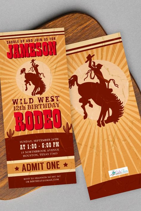 "Yeehaw! It's time to lasso in the fun with our Wild West Cowboy Birthday Party and digital download invitation. 🤠 Saddle up for an adventure filled with cowboy hats, cacti, and plenty of Western-themed excitement. With our easy-to-customize invitations, you can wrangle up your little cowboys and cowgirls in no time. 🌵🐎 #WildWestParty #CowboyBirthday #DigitalDownload #DIYInvitation #WesternHoedown #YeehawCelebration #CowboyTheme #SaddleUpForFun #RootinTootinParty #LassoTheFun" Rodeo Invitations, 1st Rodeo Invitations, 1st Rodeo Birthday Invitations, First Rodeo Invitations, First Rodeo Birthday Party Invitation, Rodeo Birthday Party, Birthday Ticket, Rodeo Birthday Parties, Cowboy Rodeo