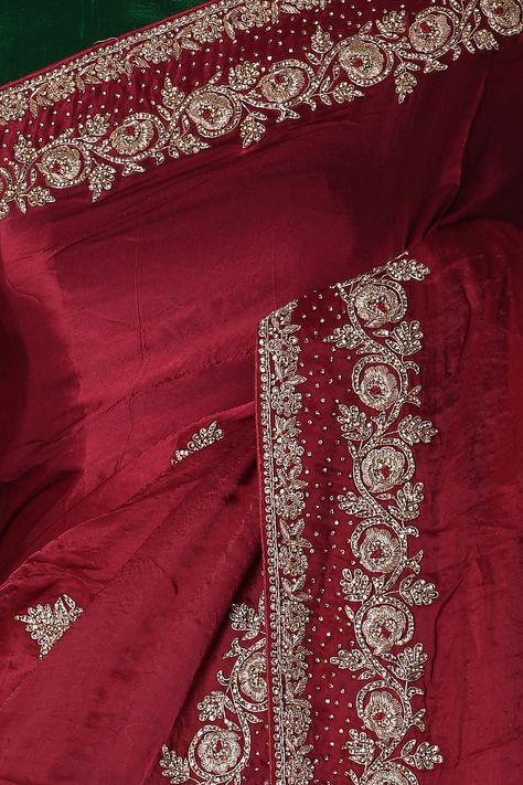 Buy Wine Red Stone Embroidered Satin Saree Online | Samyakk Red Work Saree, Dabka Work Saree, Saree Border Hand Work Design, Handwork Saree Designs, Saree Handwork Designs, Wine Red Saree, Handwork Embroidery Design Suits, Embroidery Designs Saree, Dabka Work Embroidery