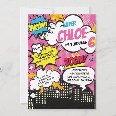 $2.92 | Pop Art Super Hero Birthday Invitation #pop art, comic birthday, pop art birthday, super hero birthday, pink super hero, comic book style, girls superhero party, superheros, zgroupon, comic Girls Superhero Party, Pop Art Party, Girl Superhero Party, Super Hero Birthday, Superhero Birthday Invitations, Pop Art Comic, Superhero Birthday Party, Art Comic, Comic Book Style