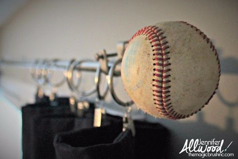 diy baseball finial curtains, home decor, repurpose household items, window treatments Baseball Mural, Baseball Curtains, Baseball Project, Jennifer Allwood, Furniture Screws, Curtain Finials, Baseball Bedroom, Mural Room, Baseball Ideas