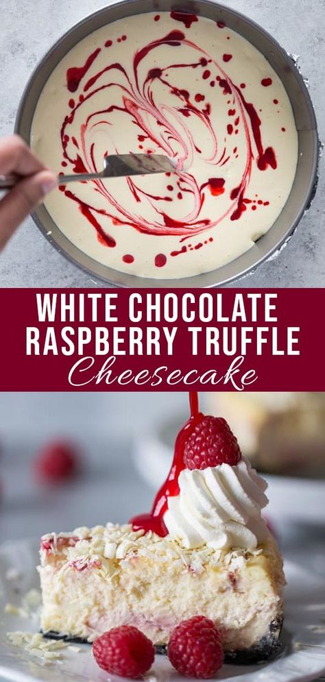 One of the most popular Cheesecake Factory recipes is now right at your fingertips! This homemade version is made with an Oreo chocolate crust, creamy raspberry swirled cheesecake topped with white chocolate shavings and garnished with whipped cream, fresh raspberries & a raspberry drizzle! #cake #Cheesecake #raspberry #dessert #dessertrecipe #chocolate #copycat #cheesecakefactory White Chocolate Raspberry Truffle Cheesecake, Raspberry Truffle Cheesecake, Truffle Cheesecake, Swirled Cheesecake, Raspberry Truffles, Chocolate Video, Copycat Cheesecake Factory, Raspberry Truffle, Raspberry Swirl Cheesecake