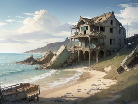 Fantasy Sea Side Village, Beach Village Aesthetic, Anime Beach House, Abandoned Beach House, Old Beach House Aesthetic, Fantasy Beach House, Abandoned Beach, Old Beach House, Anime Style Art