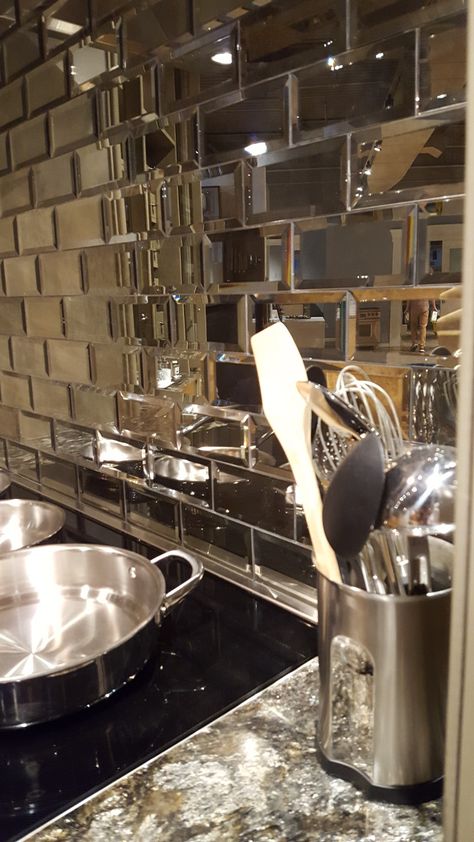 Mirrored Kitchen Backsplash Ideas, Mirror Brick Backsplash, Mirror Peel And Stick Tile, Mirrored Backsplash Kitchen, Mirror Tile Backsplash Kitchen, Mirror Backsplash Bar, Mirrored Kitchen Backsplash, Mirror Backsplash Kitchen, Mirror Tiles Bathroom