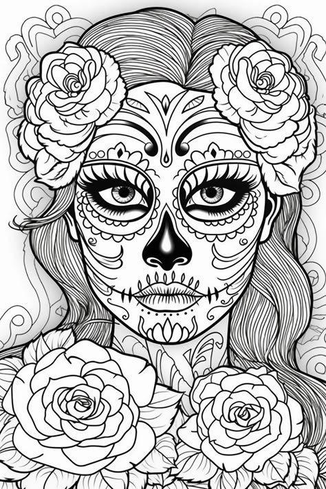 Candy Skull Coloring Pages, Day Of The Dead Coloring Pages, Mexican Coloring Pages, Catrina Drawing, Sugar Skull Drawing, Sugar Skull Artwork, Mexican Colors, Skull Coloring Pages, Adult Coloring Books Printables