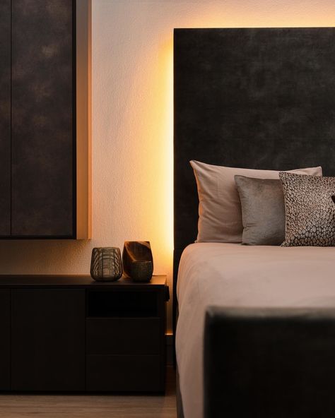 A surefire way for a sleek, subtle upgrade to your bedroom? A Philips Hue lightstrip tucked behind the headboard. Use the included adhesive to attach it, set it to a cozy color, and enjoy. 🤩 Light Behind Headboard, Headboard With Lamps, Hotel Details, Hidden Lighting, Bedroom Color, Philips Hue, Hue Philips, Smart Lighting, Pinterest Account