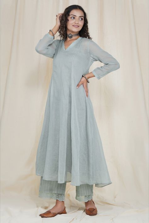 Grey pure cotton kurta for women Cotton Kurta Set Designs, Pastel Kurtas Women, The Loom Suits, The Loom Kurtas, Kurti Plazo Fashion Styles, Linen Kurta Designs For Women, Dress Models For Stitching, Cotton Kurta Stitching Ideas, Cotton Kurta Sets For Women