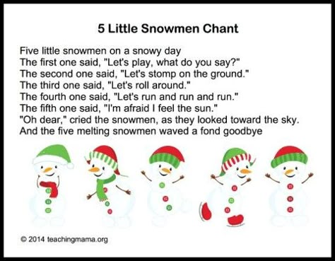 5 Little Snowmen- This targets singing as well as math concepts Winter Songs For Kids, Songs For Preschoolers, Preschool Poems, Winter Lesson Plan, Winter Theme Preschool, Snowmen Activities, Circle Time Songs, Simple Songs, Kindergarten Songs