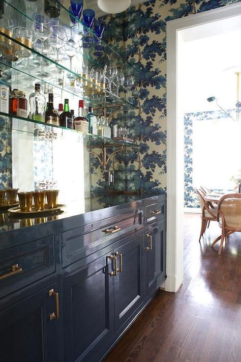 Amazing home bar features glossy blue lacquer cabinets adorned with brass pulls paired with blue ... Brass Kitchen Hardware, Happy Room, Bar Sala, Home Bar Design, Sandberg Wallpaper, Herringbone Backsplash, Bar Designs, Decor Ikea, Blue Cabinets