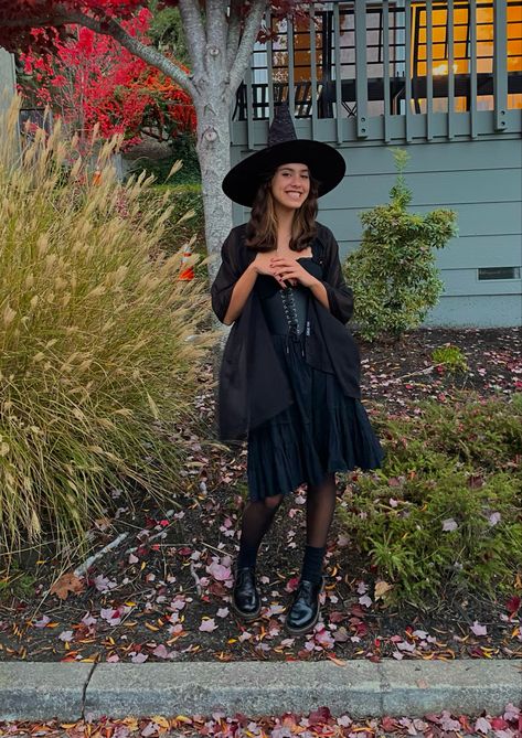 witch witch halloween halloweencostume corsetcostume witchy traditionalwitch Cute Witch Outfits Halloween Costumes, 70s Witch Costume, 90s Witch Costume, Black Dress Witch Costume, Thrifted Witch Costume, Witch Costume Inspiration, Casual Witch Costume, Simple Witch Costume For Women, Cute Witch Costume For Women