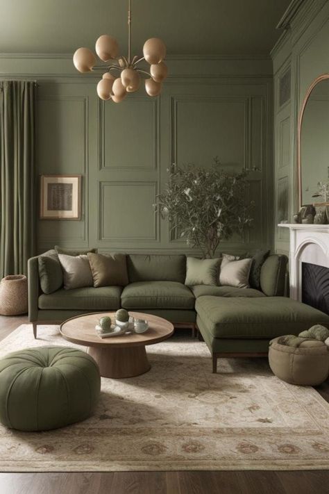 Pistachio Green Living Room, Dark Sage Green Room, Green Wall Living Room, Dark Green Couch, Tv Snug, Living Room Design Green, Sage Room, Earth Palette, Green Sofa Living