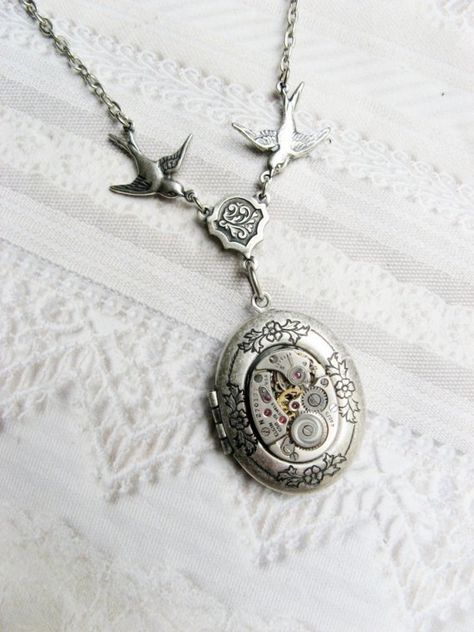 Elgin Victoriana Locket Elgin Watch, Engraved Locket, Silver Necklace Pendant, Steampunk Necklace, Sparrows, Silver Lockets, Watch Movement, Silver Pendant Necklace, Rosary