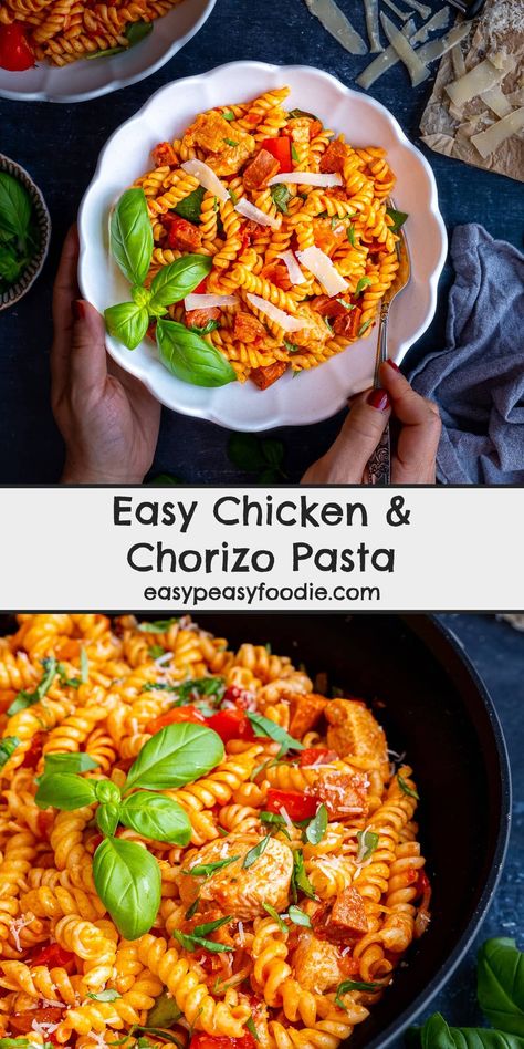 This easy peasy Chicken and Chorizo Pasta is the perfect midweek meal: quick and simple to make, and utterly delicious. Perfect for those busy weeknights when you don’t have a lot of time to cook, but you still want to eat well! #chickenpasta #chorizopasta #chickenandchorizo #chickenandchorizopasta #pasta #winnerwinnerchickendinner #under30minutes #under600calories #easymidweekmeals #easymeals #midweekmeals #easyrecipes #easydinners #dinnertonight #familydinners #familyfood #easypeasyfoodie Chicken Chorizo Pasta, Chicken And Chorizo Pasta, Chicken And Chorizo, Chorizo Pasta, Protein Recipe, Chorizo Recipes, Cheap Healthy, Midweek Meals, Eat Well