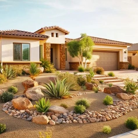 Front Yard Landscaping in Las Vegas, NV Xeriscape Front Yard New Mexico, Large Yard Landscaping Layout Design, Landscaping Desert Front Yard, Phoenix Front Yard Landscaping, Cactus And Rock Landscaping, Desert Front Yard Landscaping Ideas, Front Yard Dryscape, Dessert Yard Landscape, Concrete Front Yard Ideas