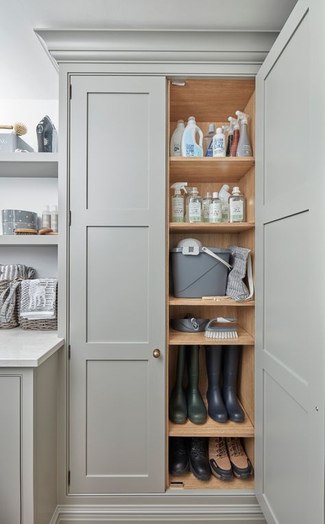 Small Utility Room Ideas, Laundry Storage Cabinet, Utility Room Ideas, Tom Howley Kitchens, Narrow Laundry, Utility Room Storage, Narrow Laundry Room, Small Utility Room, Utility Room Designs