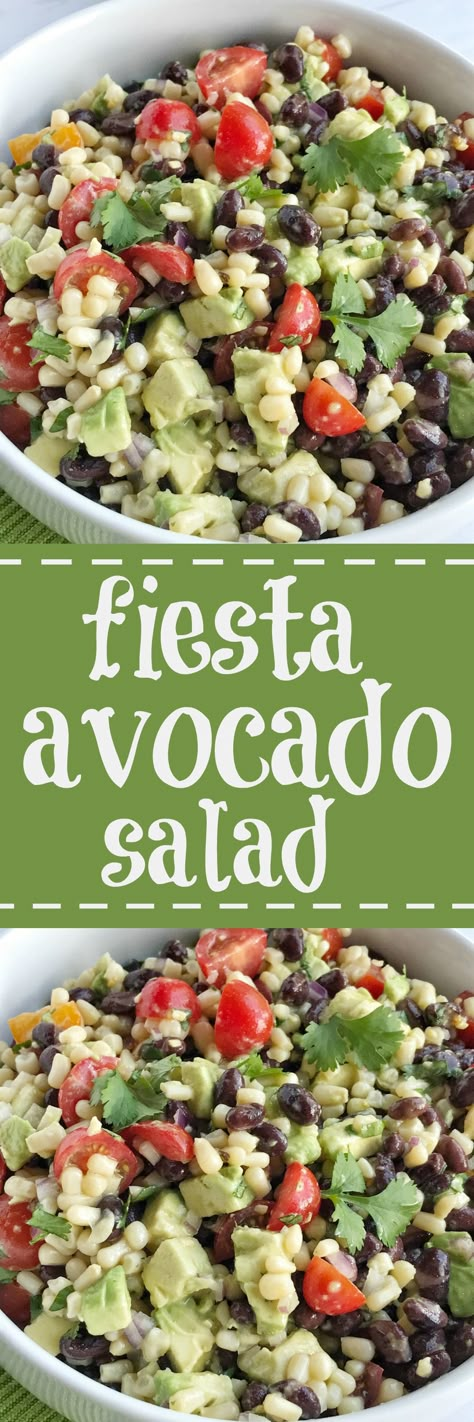 Fiesta avocado salad is loaded with avocados, corn, black beans, tomatoes, red onion, and cilantro covered in an easy citrus Avocado Dessert, Olive Oil Dressing, Oil Dressing, Mexican Dinner, Latin Food, Avocado Recipes, Avocado Salad, Tex Mex, Healthy Salads