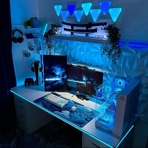 2 Desk Gaming Setup, White And Blue Gaming Setup Aesthetic, Sky Blue Gaming Setup, Navy Blue Gaming Setup, White And Blue Setup, Cyan Gaming Setup, Pc Gaming Setup Blue, Ocean Themed Gaming Setup, Blue Setup Gaming