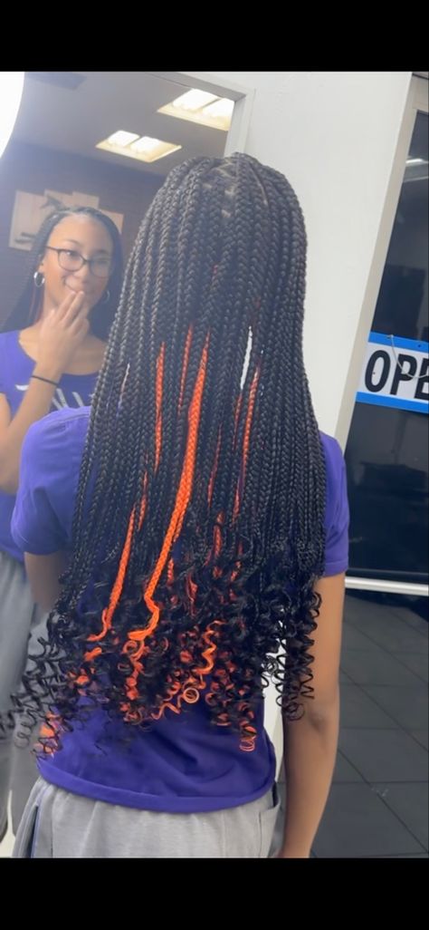 #braidstyles #orange #blackgirlshairstyles Black And Orange Peekaboo Braids, Peekaboo Braids Orange, Halloween Box Braids, Black And Orange Braids, Orange And Black Braids, Orange Box Braids, Halloween Braids, Chest Length Hair, Braids For Black Kids