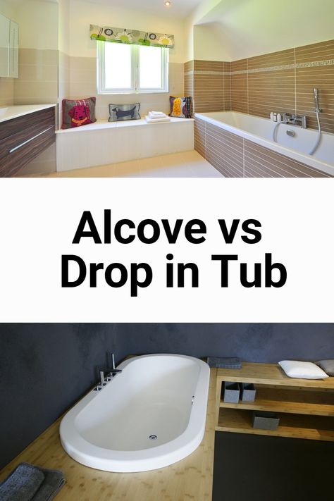 Difference Between Alcove Versus Drop-In Tub. Advantages and Disadvantages of Alcove and Drop-In Tubs. #ThisIsAquatica #bathroomreno #dreambathroom #masterbath #bathroominterior #bathroomstyling #bathroommakeover Soaker Tub Bathroom Ideas Alcove, Bathtub Alcove Tile Ideas, Drop In Bathtub Ideas, Alcove Soaking Tub Shower Combo, Alcove Tub Bathroom, Drop In Tub Surround Tile, Deep Bathtub Shower Combo, Alcove Tub Shower Combo, Built In Bathtub Tub Surround