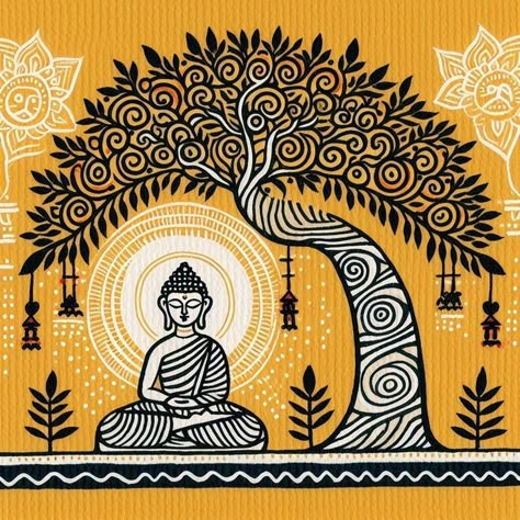 Buddha Tree Painting, Ganesha Madhubani Art, Wall Painting Buddha, Abstract Mandala Art, Madhubani Paintings On Canvas, Buddha Lippan Art, Gond Art Paintings, Tree Of Wisdom, Buddha Canvas Art